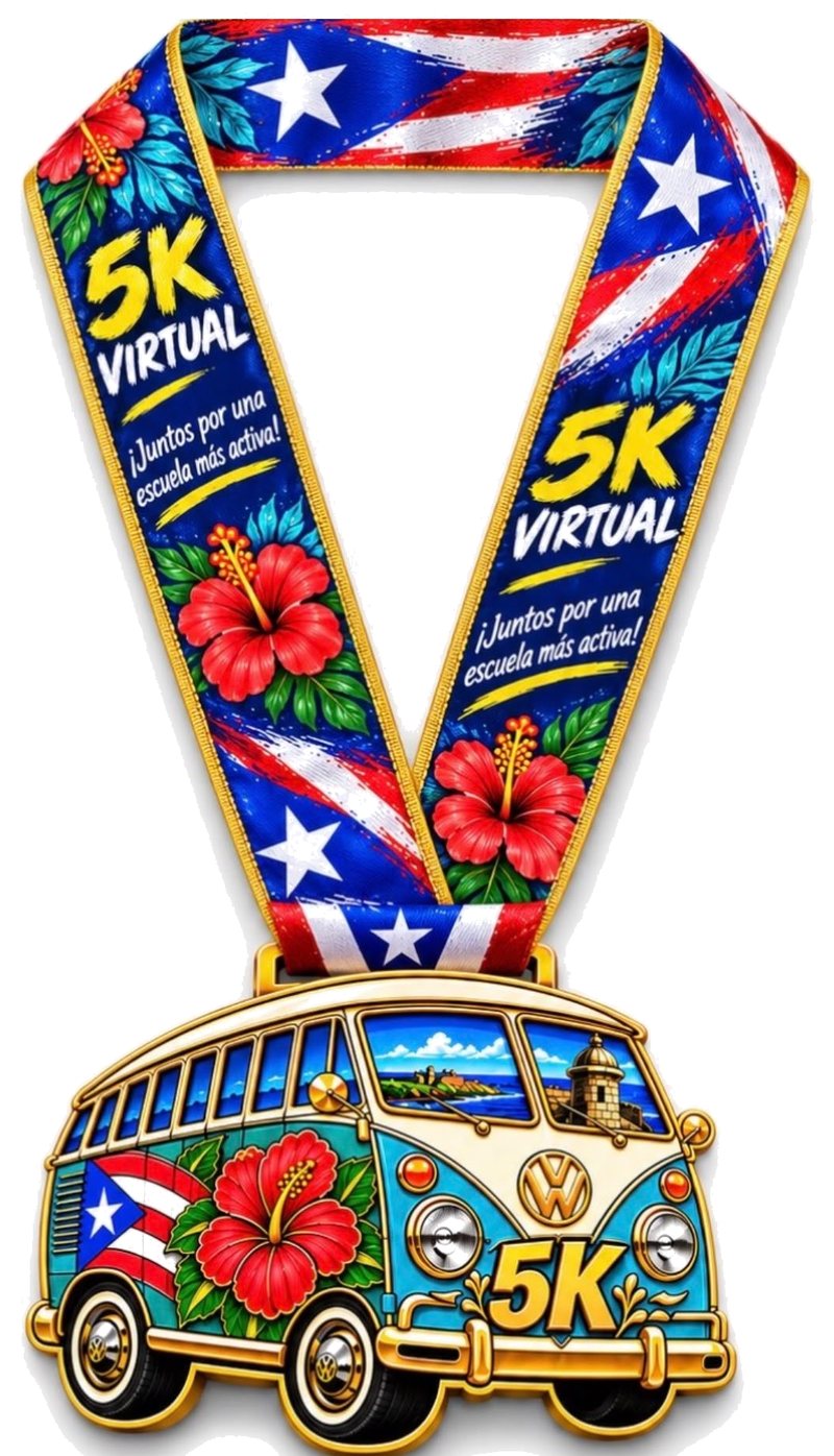 Medalla del 5K Virtual: guagua Volkswagen, cinta con la bandera de Puerto Rico y una amapola